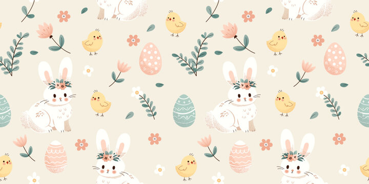 Cute cartoon Easter seamless pattern, bunnies, egg baskets, flowers and chickens. Ideal for paper and textile products. Soft Pastel colors