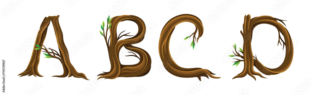 Wall mural Forest Woody Alphabet Uppercase Brown Letter with Branch Vector Set