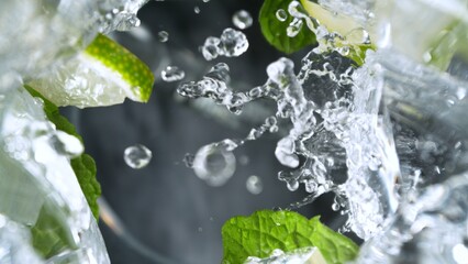 Freeze Motion Shot of Preparing Mojito Cocktail, Macro, Unique Angle of View from the Bottom of the Glass