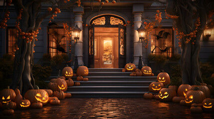 Obraz premium halloween front yard scene with jack o lanterns and pumpkin decorations