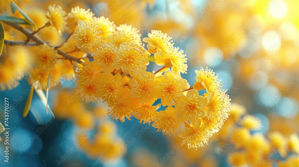 Poster Clustered yellow flowers bloom vibrantly on a tree branch, creating a stunning display of color and natures beauty