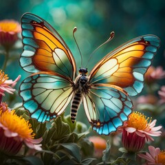 A vibrant photograph showcasing a butterfly perched on a blooming flower.