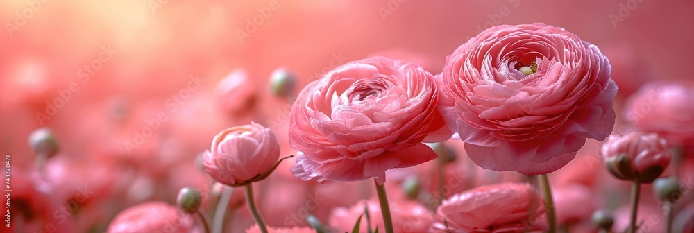 Poster a vibrant field filled with a multitude of pink flowers in full bloom, creating a beautiful and sere