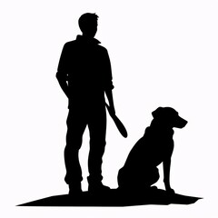 Black silhouette, tattoo of a man with a dog on white isolated background. Vector.
