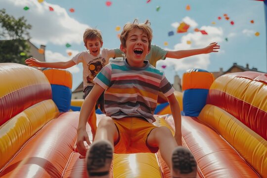 Joyful kids playing in a bounce house castle, filled with laughter and fun. 'generative AI' 