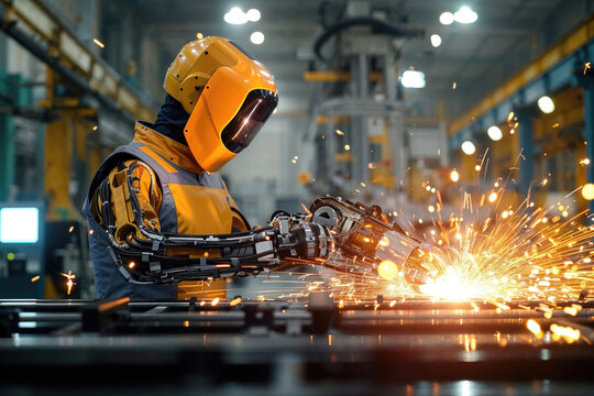 Robotic arm welding in an automated factory setting Generative AI image