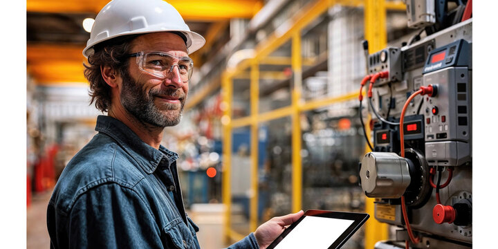 Smiling Engineer Using Tablet in Industrial Facility Generative AI image