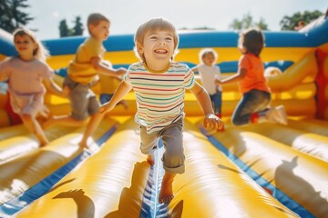 Joyful kids playing in a bounce house castle, filled with laughter and fun. 'generative AI' 