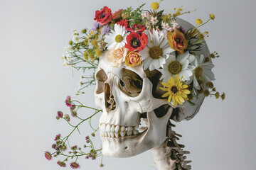 Generative AI image of a Skull Adorned with Vibrant Flowers