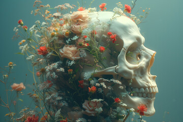 Generative AI image of a Skull Adorned with Vibrant Flowers