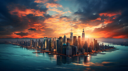 Naklejka premium sunrise over city of manhattan in new york