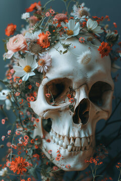 Generative AI image of Floral Adorned Human Skull
