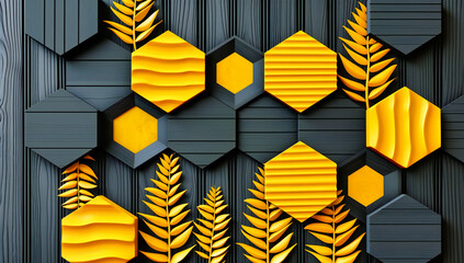 Vibrant geometric pattern with hexagons and cubes, a modern digital mosaic in yellow, orange, and blue tones - obrazy, fototapety, plakaty