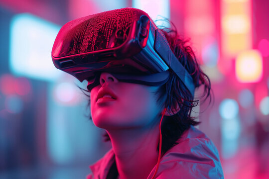 Generative AI illustration of A person is fully engaged with a virtual reality headset, surrounded by vibrant neon lighting that hints at a digital metaverse experience