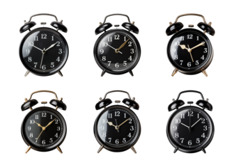 Collection of black alarm clock isolated on a transparent background, PNG