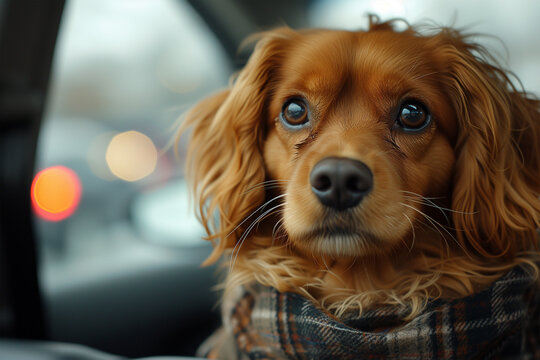 Heartwarming portrait of a spaniel in a car