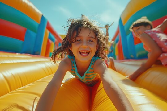 Joyful kids playing in a bounce house castle, filled with laughter and fun. 'generative AI' 