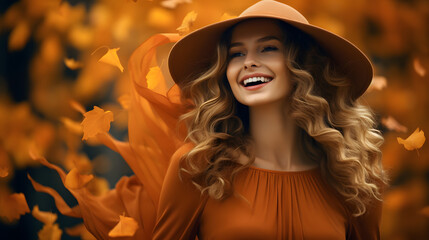 woman in autumn dresses and hat is smiling in autumn leaves