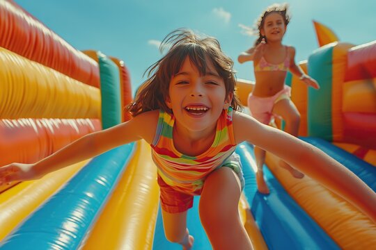 Joyful kids playing in a bounce house castle, filled with laughter and fun. 'generative AI' 