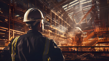 worker in factory with helmet looking outside