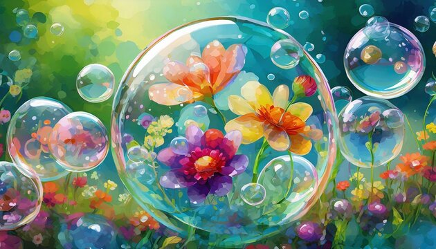 Colorful Flowers in Crystal Clear Bubbles: Spring Day Fantasy