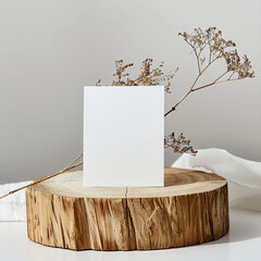 White Greeting Card on Wooden Podium with Dried Flowers - Product Mockup