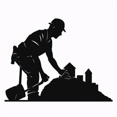 Black silhouette, tattoo of a worker with shovel on white isolated background. Vector.