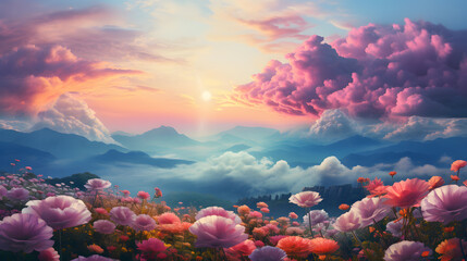 Fototapeta na wymiar colorful rainbow shaped from beautiful clouds with mountains and flowers