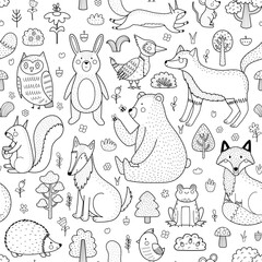 Cute forest animals black and white seamless pattern. Woodland characters outline background for kids. Fox, bear, wolf, rabbit and others. Vector illustration

