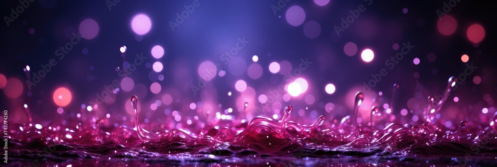 Poster close-up of water droplets splashing with blurred bokeh lights on a vivid purple and pink background