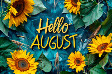 phrase "Hello AUGUST" word on sunflower background