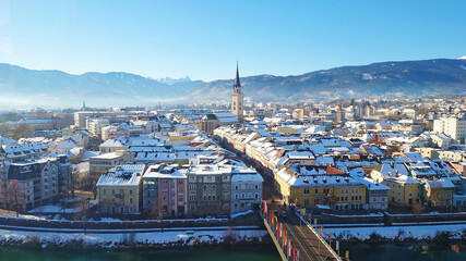 Panorama view of the city Villach in Carinthia, Austria. Big city with beautiful church and...