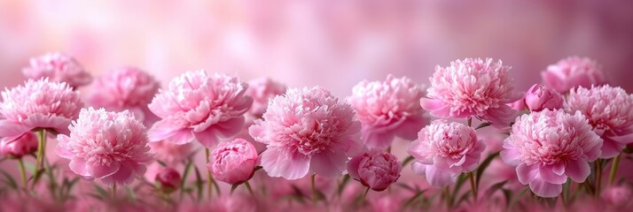 Fototapeta premium A gorgeous array of pink flowers bloom vibrantly in a vast field, swaying gently in the breeze under the golden suns warm rays