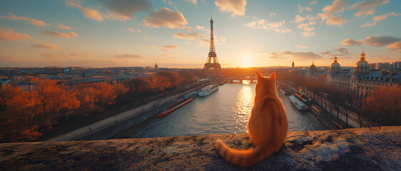 Cat on the rooftops of Paris with the Eiffel Tower background. Landscape Paris, France. Banner text space. Paris's view banner - obrazy, fototapety, plakaty