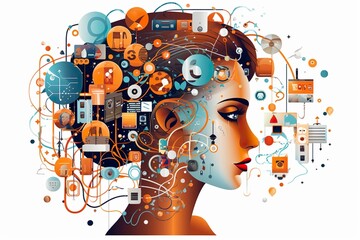 person in the city of thinking robot with multiple items in head 