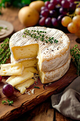 Cheese cake is cut into slices and garnished with herbs.