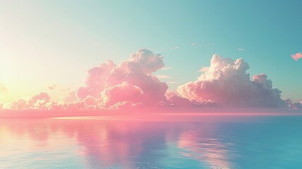 A surreal sunset view with vibrant pink and blue clouds reflecting over a calm ocean, creating a dreamlike atmosphere. - Powered by Adobe
