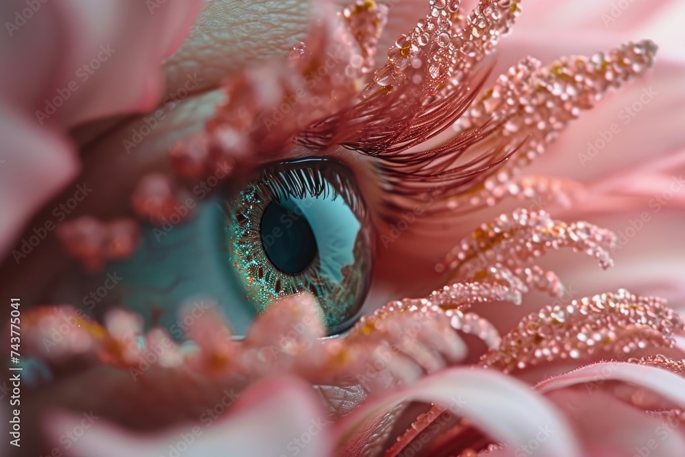 Poster this close-up photo showcases a stunning pink flower with a mesmerizing blue eye at its center, crea