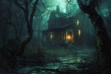 House in forest setting with rain falling on it.
