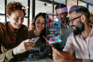 Group of People Sitting Around a Table, Looking at a Tablet. Generative AI.