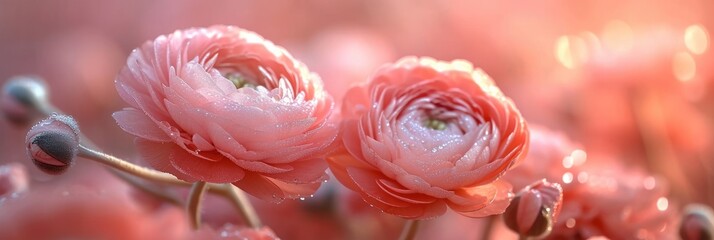 Fragrant pink flowers adorned with delicate water droplets, capturing the essence of a fresh spring morning
