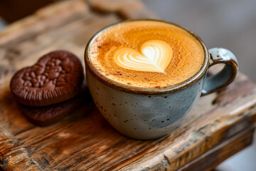 Cup of coffee with heart-shaped stamp on top and cookie next to it. - Powered by Adobe