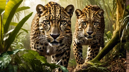  Two leopards are standing side by side in jungle setting with plants and trees around them. © valentyn640