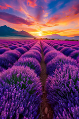 Field of purple flowers with sunset in the background.