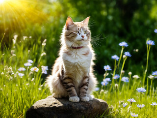 Naklejka na ściany i meble Cat is sitting on rock in field of flowers.