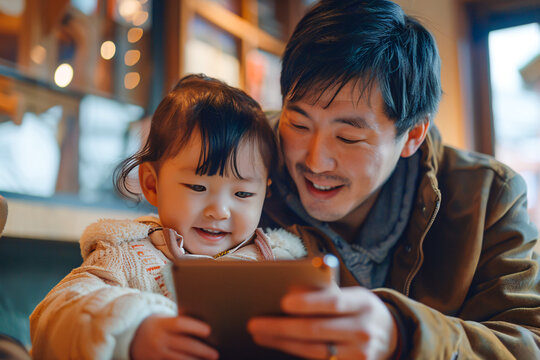 Father and daughter using a digital tablet, generated ai