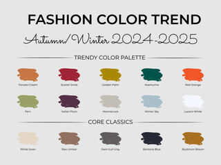 Fashion Color Trend Autumn - Winter 2024 - 2025. Trendy colors palette guide. Fabric swatches with color names. Easy to edit vector template for your creative designs.
