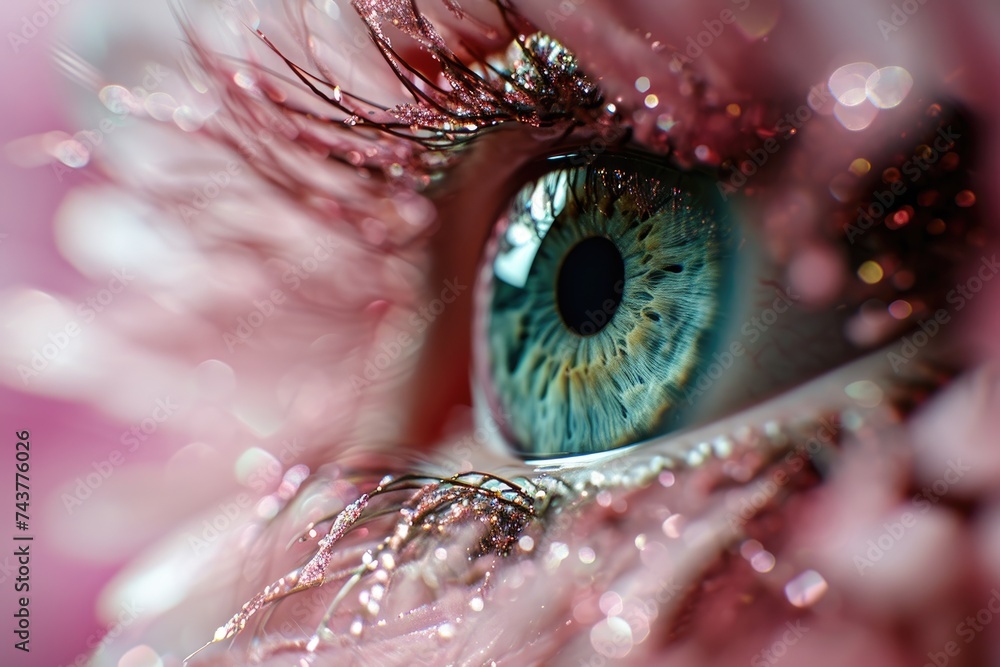 Poster blue eye adorned with delicate drops of water, creating a mesmerizing and ethereal visual aesthetic