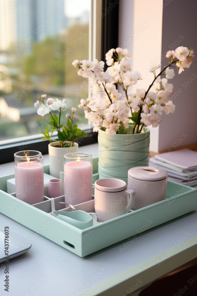 Poster a beautifully arranged tray sits on a window sill, filled with flickering candles and fresh flowers.