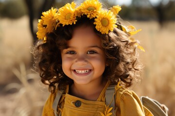 A little girl with braided hair adorned with a crown of vibrant sunflowers, smiling brightly in a sunlit meadow